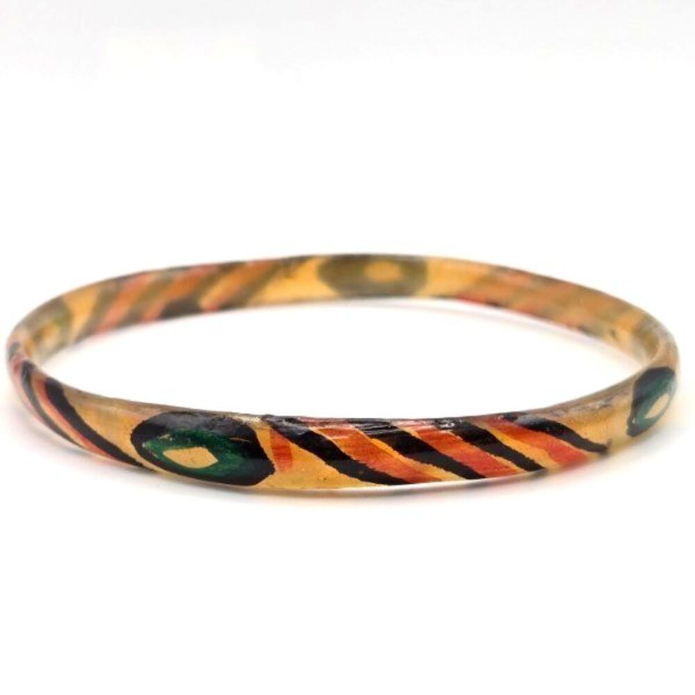 Vintage 1970s Handcrafted‎ and Painted Horn Bangle Bracelet 8.75"